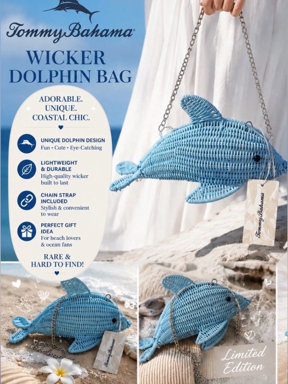 Tommy Bahama Light Blue Wicker Dolphin Crossbody Bag NWT
